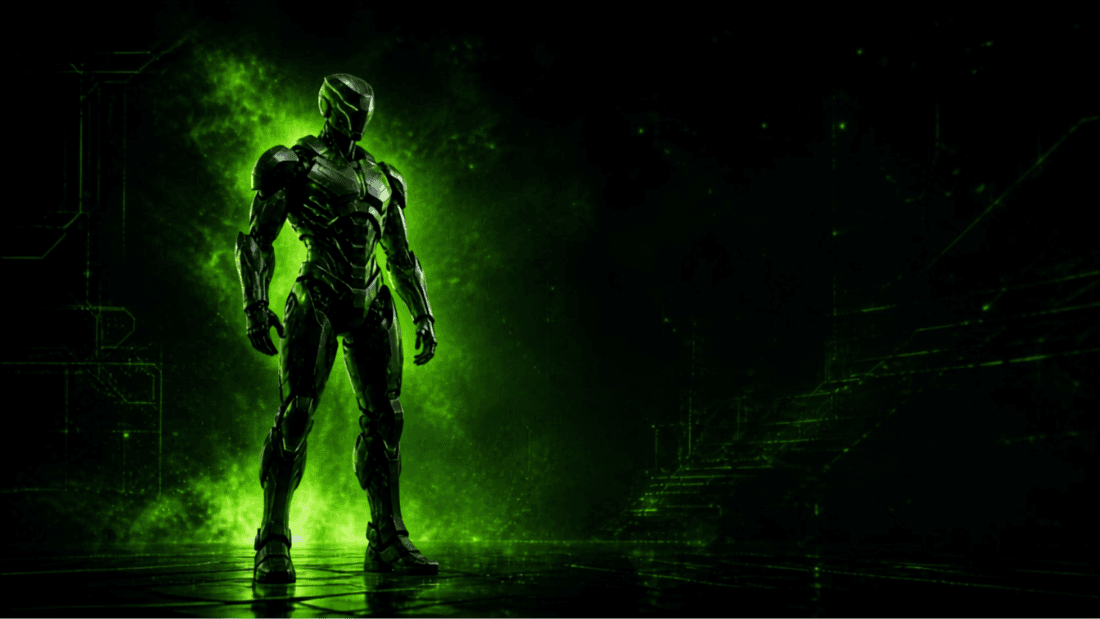 Robot humanoide con detalles de circuito verde sobre fondo oscuro, ilustración del artículo sobre la era de los robots humanoides