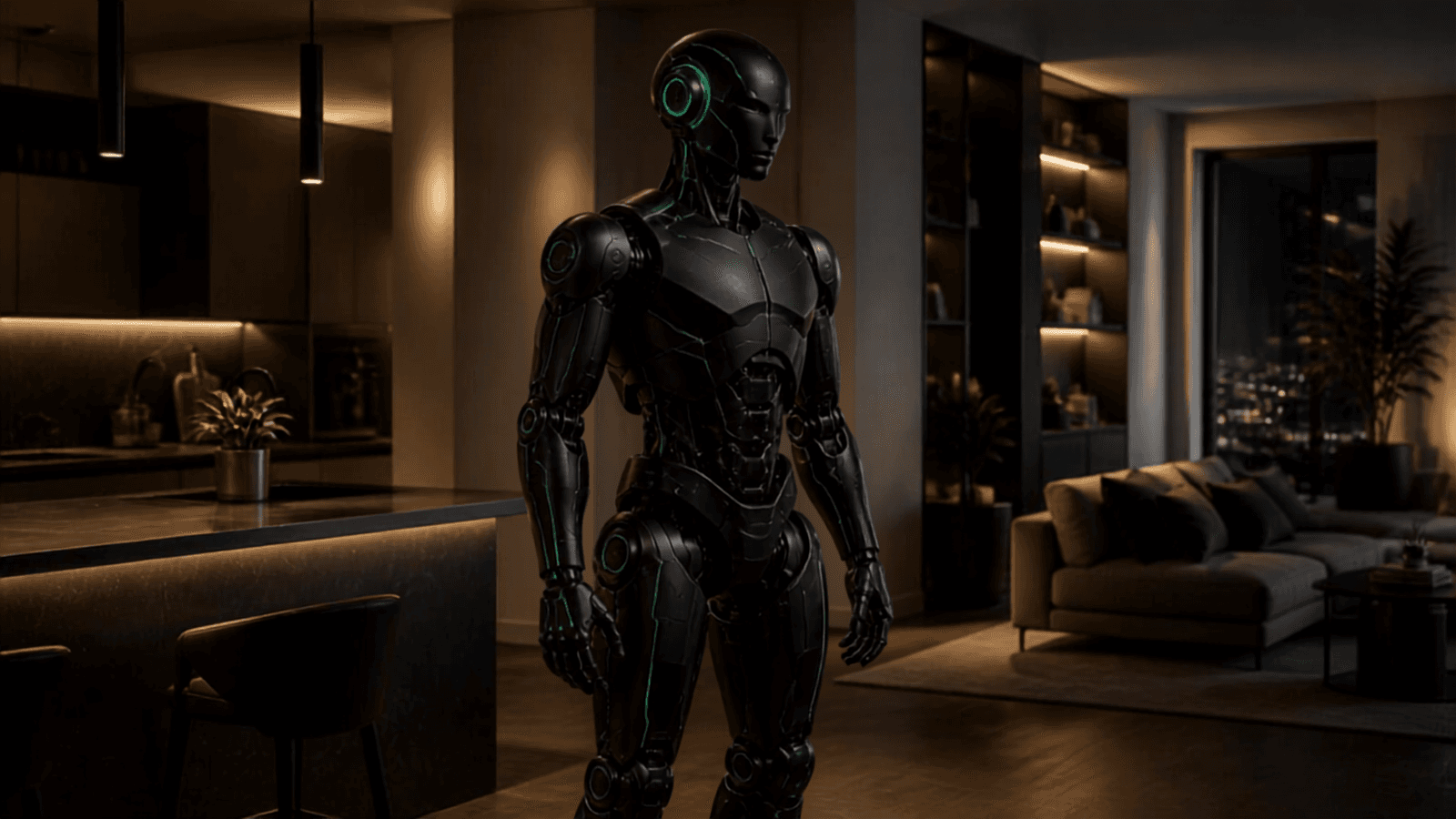 Robot humanoide en un entorno doméstico moderno, con iluminación cálida